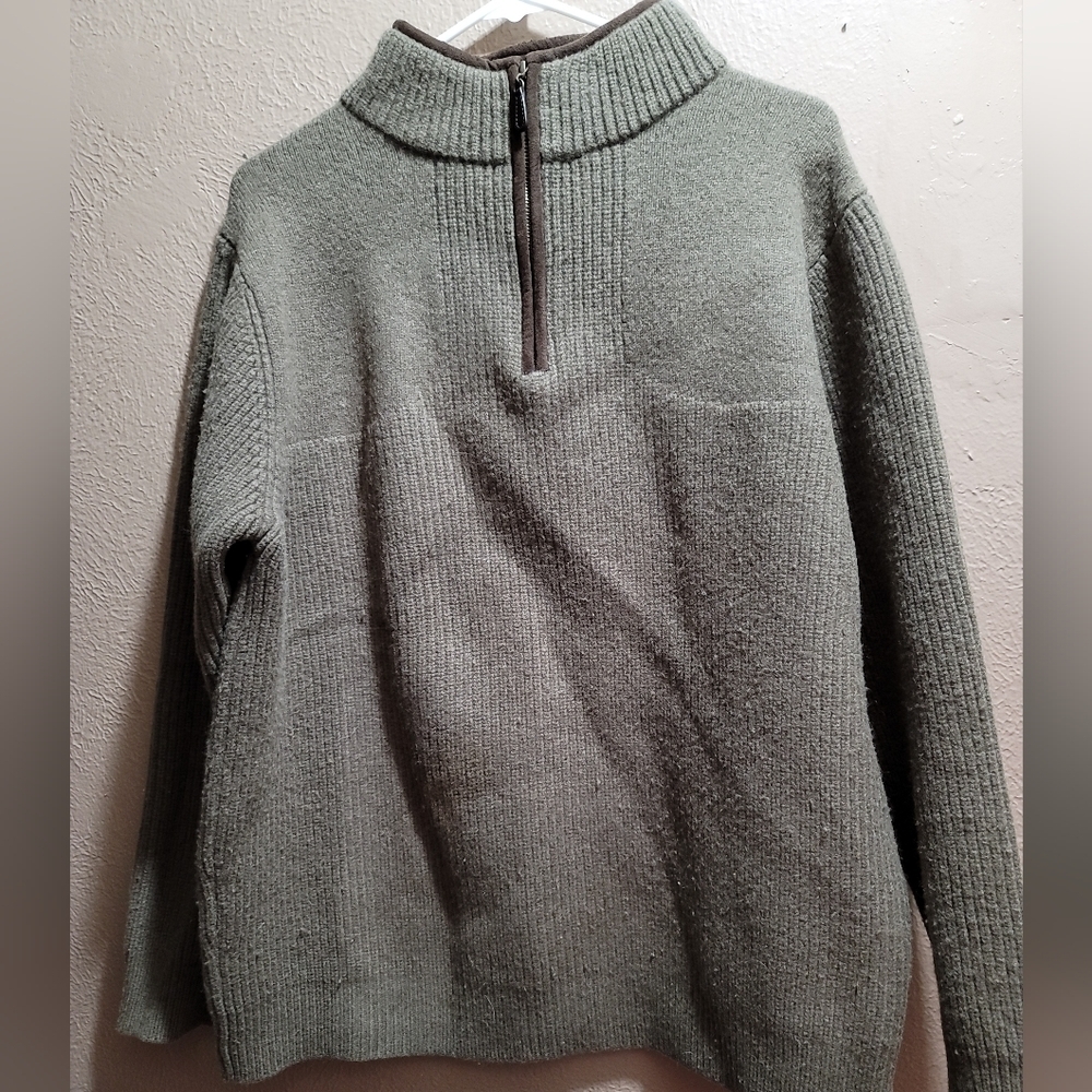 L.L. Bean Merino Lambswool Heavy Sweater Large Tall Green Quarter Zip - Picture 2 of 8